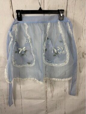 VTG 50s Hostess Half Apron Blue Organza White Trim Blue Roses Applications